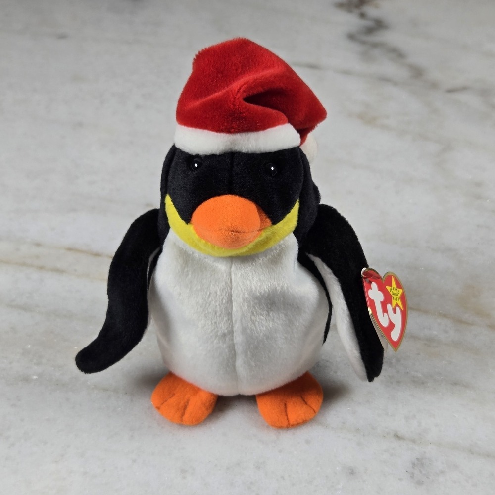 Ty Beanie Baby Zero the Penquin 1998 Holiday Christmas Santa Hat with Heart Tag‎